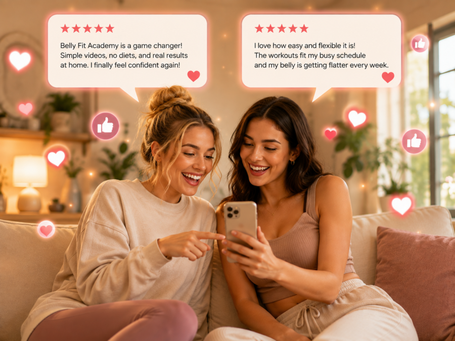 Two women reading five-star testimonials about the Belly Fit Academy belly fat loss course on a phone