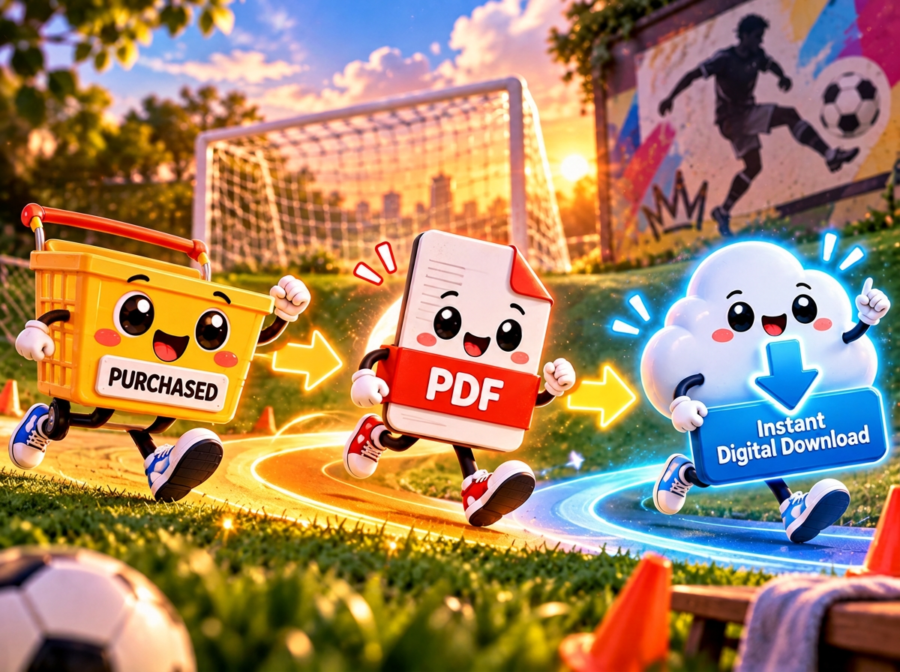 Cartoon shopping basket, PDF and cloud characters on a football pitch showing the training guide's instant download