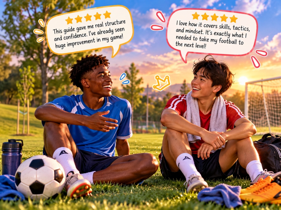 Two young footballers relaxing on a pitch after training, sharing five-star reviews of the football skills guide