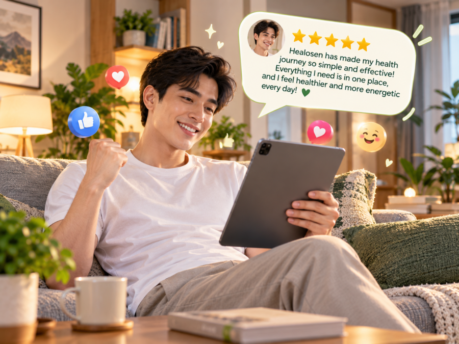 Satisfied Healosen user smiling on his couch while reading a glowing five-star review of the app