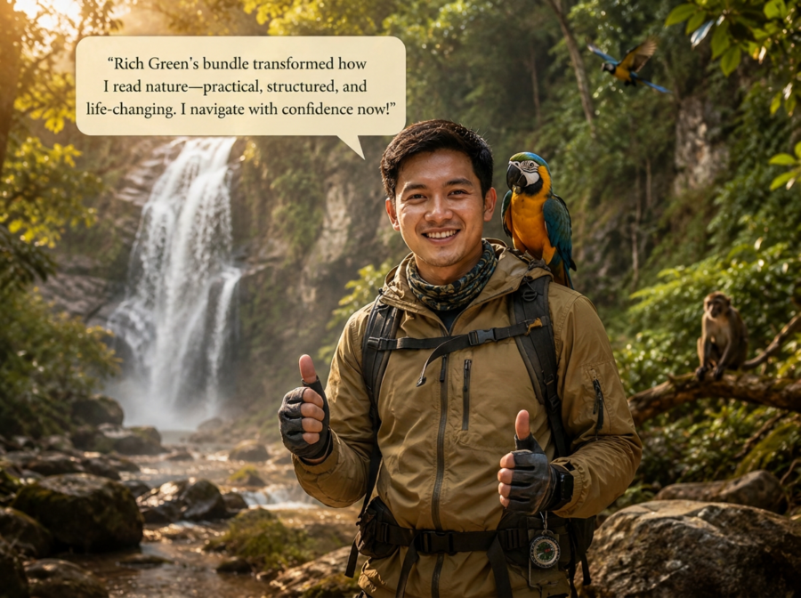 Happy hiker with waterproof gear gives thumbs up in jungle, sharing a testimonial about Rich Green's nature-reading bundle.