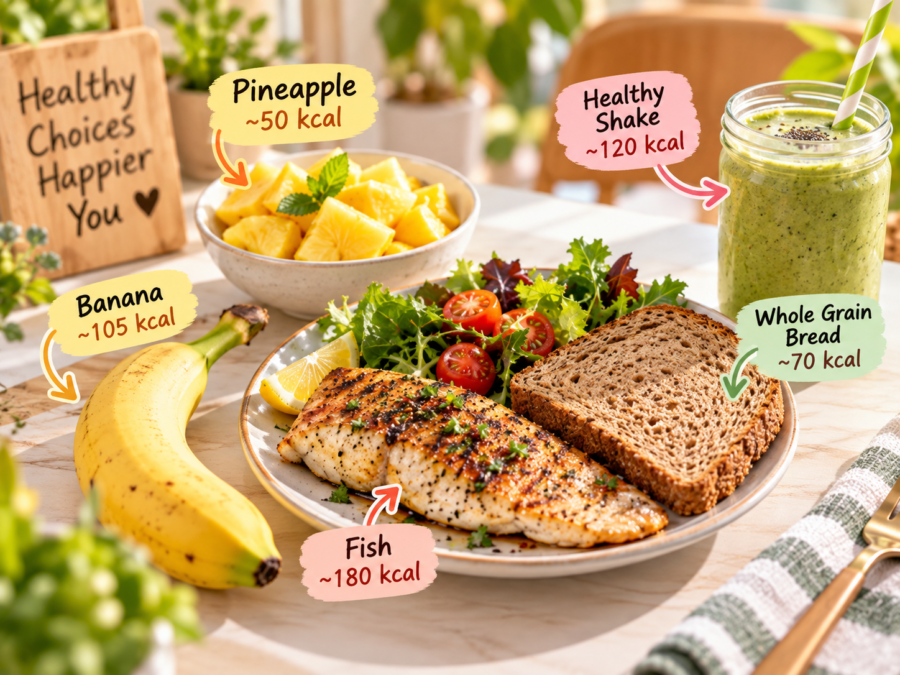 Simple relaxed diet plan overview showing plate rules and food swaps for beginners