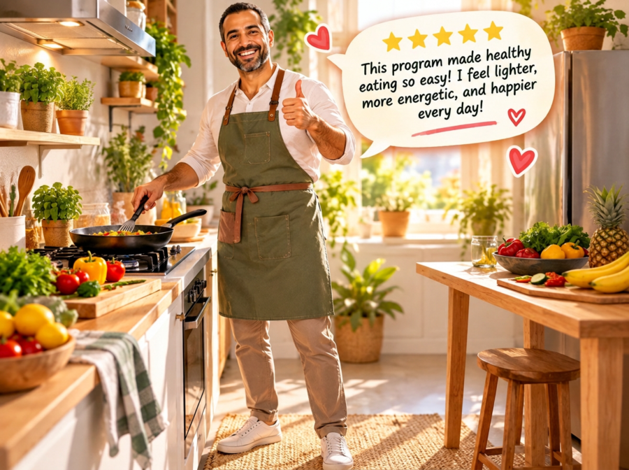 Smiling man cooking vegetables in a sunny kitchen, giving a thumbs up with a five-star healthy eating review bubble